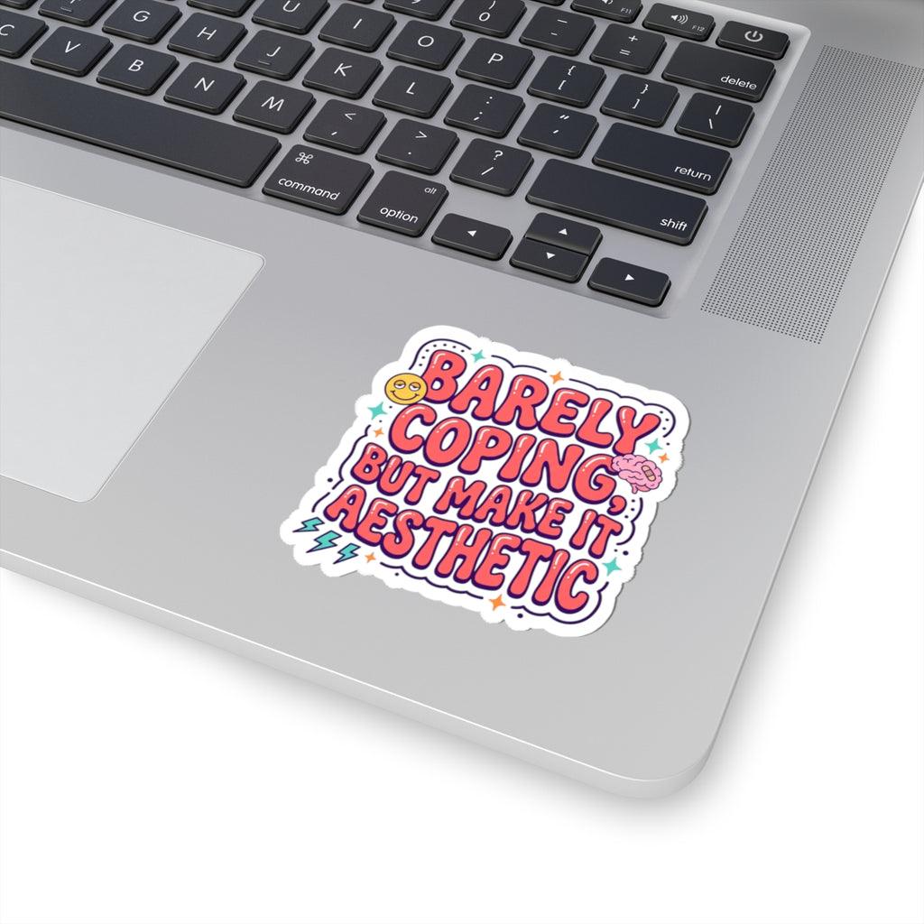 Barely Coping But Make It Aesthetic Sticker | mental health humor, retro wavy text