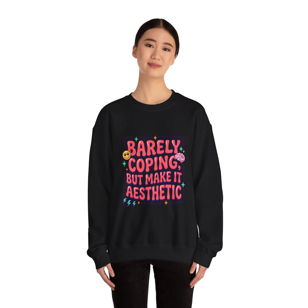 Barely Coping But Make It Aesthetic Sweatshirt | mental health humor, retro wavy text