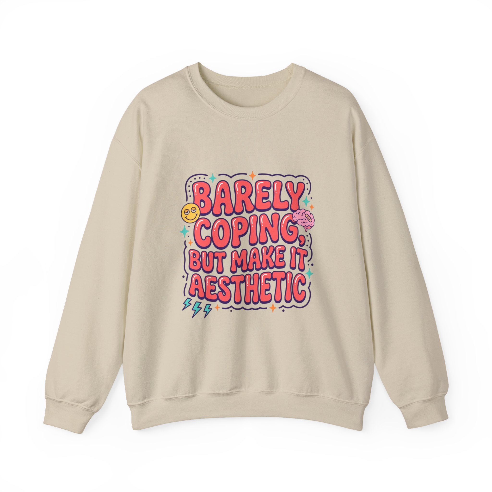 Barely Coping But Make It Aesthetic Sweatshirt | mental health humor, retro wavy text