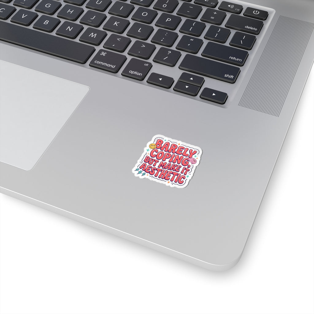 Barely Coping But Make It Aesthetic Sticker | mental health humor, retro wavy text
