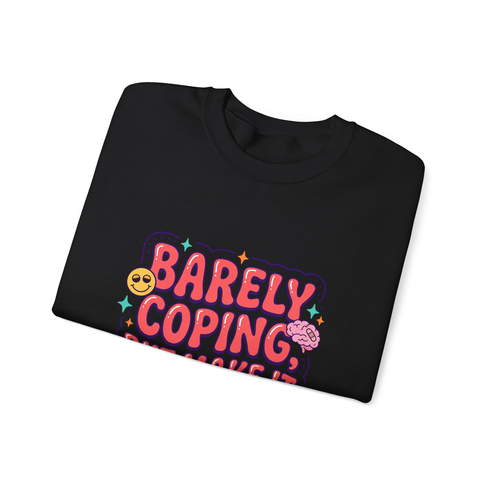 Barely Coping But Make It Aesthetic Sweatshirt | mental health humor, retro wavy text