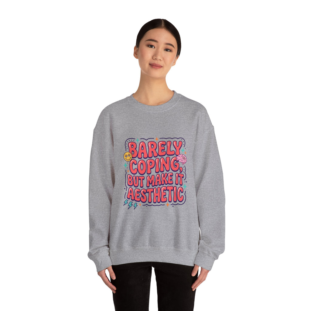 Barely Coping But Make It Aesthetic Sweatshirt | mental health humor, retro wavy text