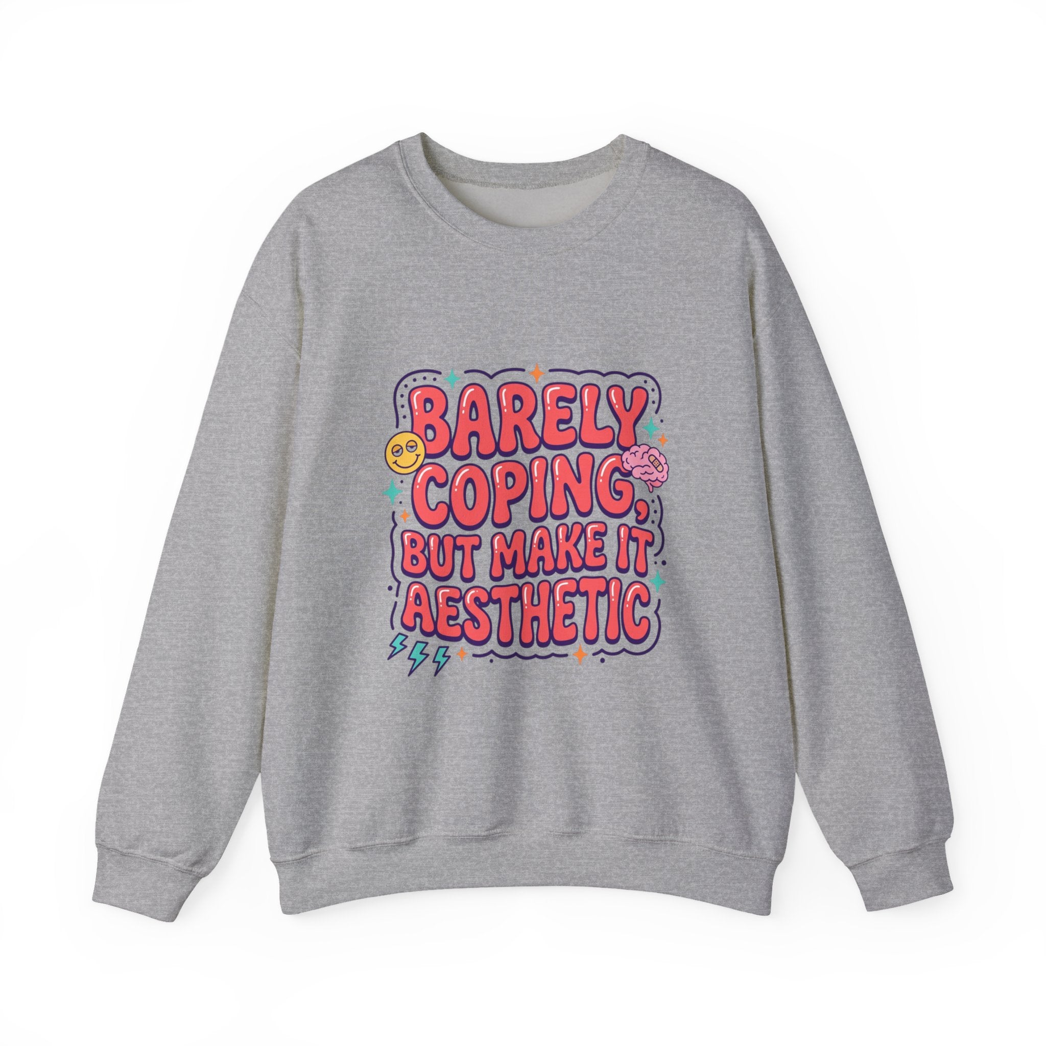 Barely Coping But Make It Aesthetic Sweatshirt | mental health humor, retro wavy text