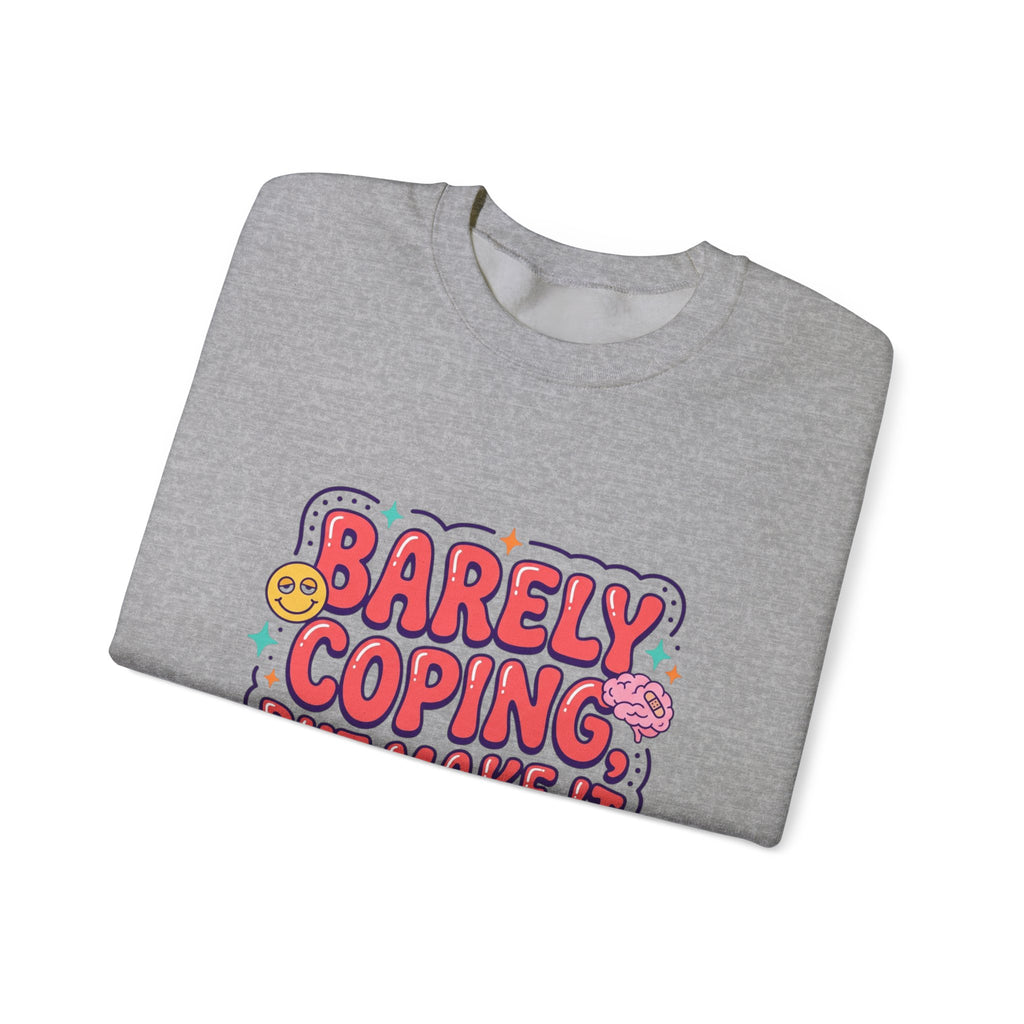 Barely Coping But Make It Aesthetic Sweatshirt | mental health humor, retro wavy text