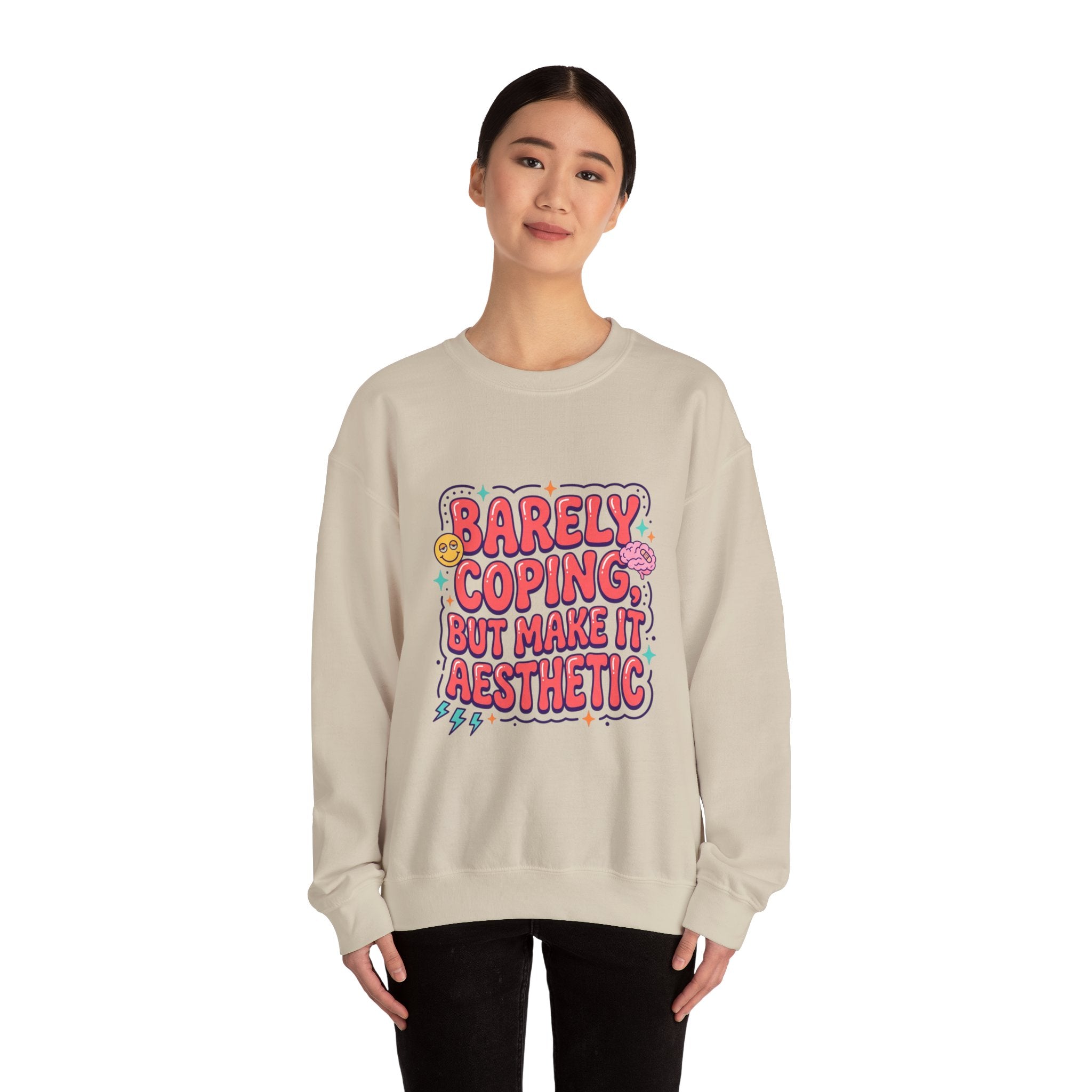 Barely Coping But Make It Aesthetic Sweatshirt | mental health humor, retro wavy text