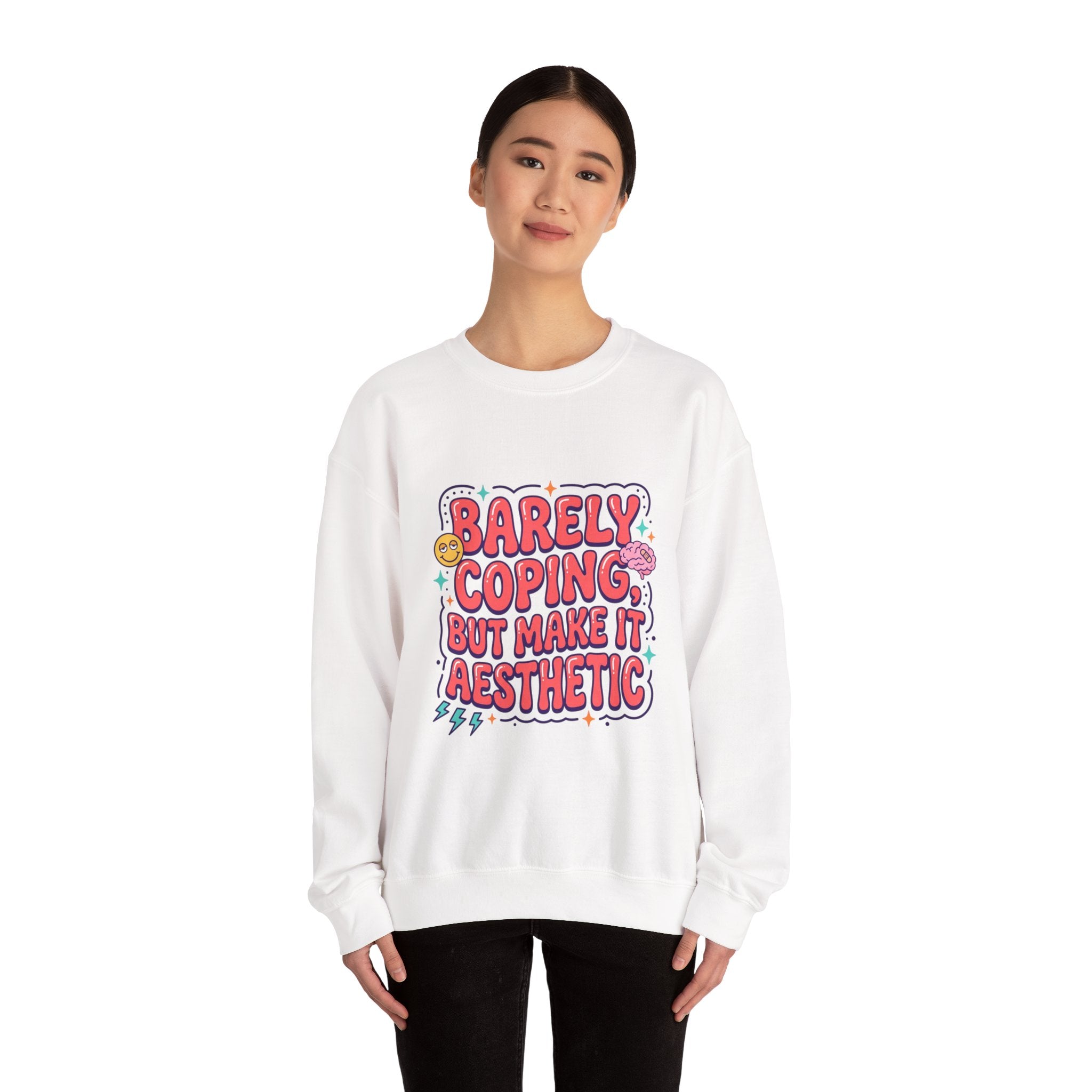Barely Coping But Make It Aesthetic Sweatshirt | mental health humor, retro wavy text