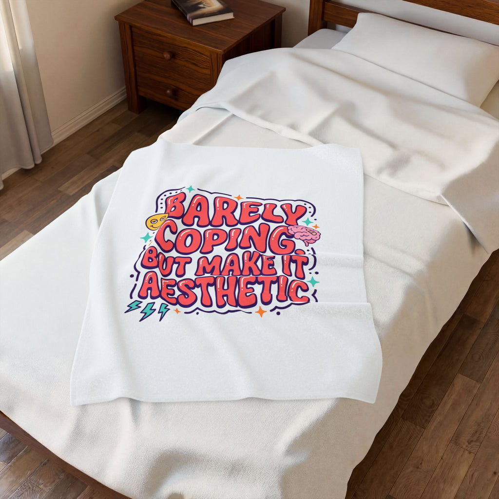 Barely Coping But Make It Aesthetic Velveteen Blanket | mental health humor, wellness sarcasm