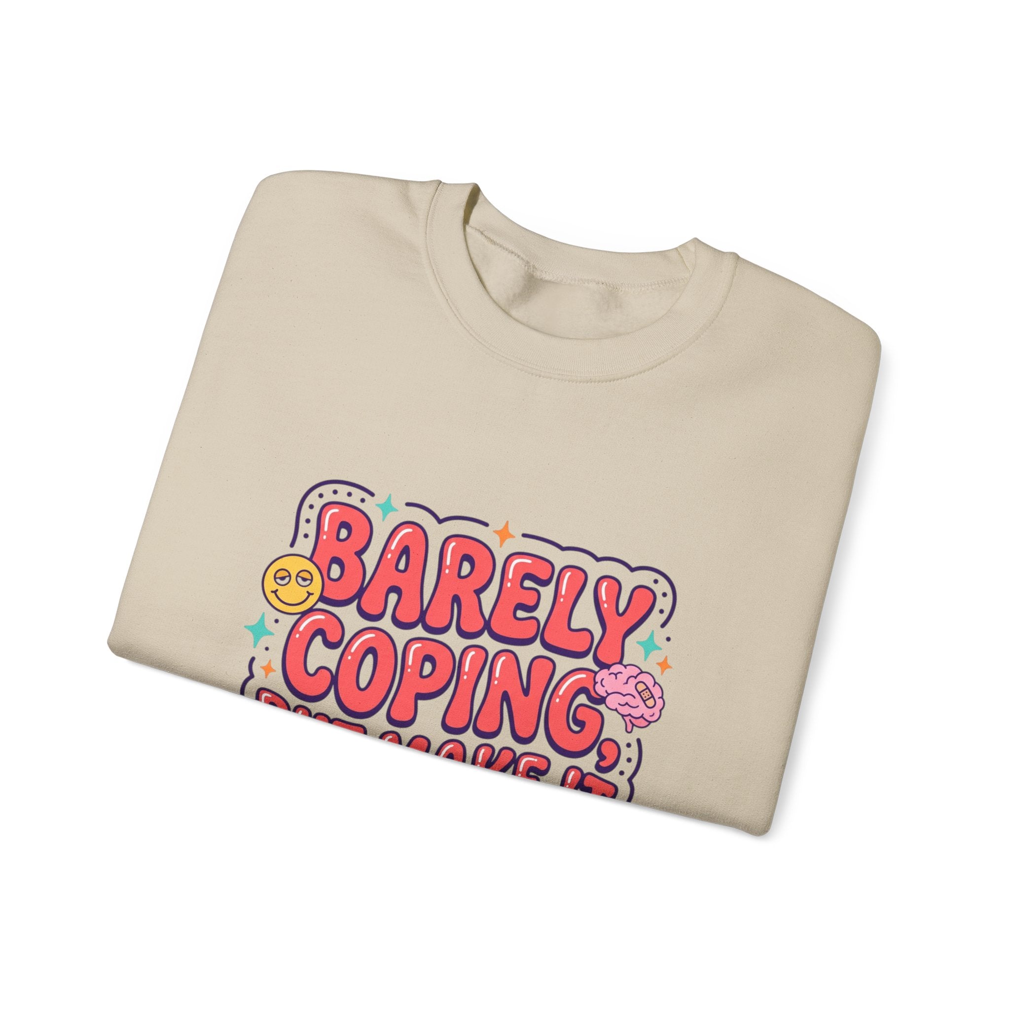 Barely Coping But Make It Aesthetic Sweatshirt | mental health humor, retro wavy text