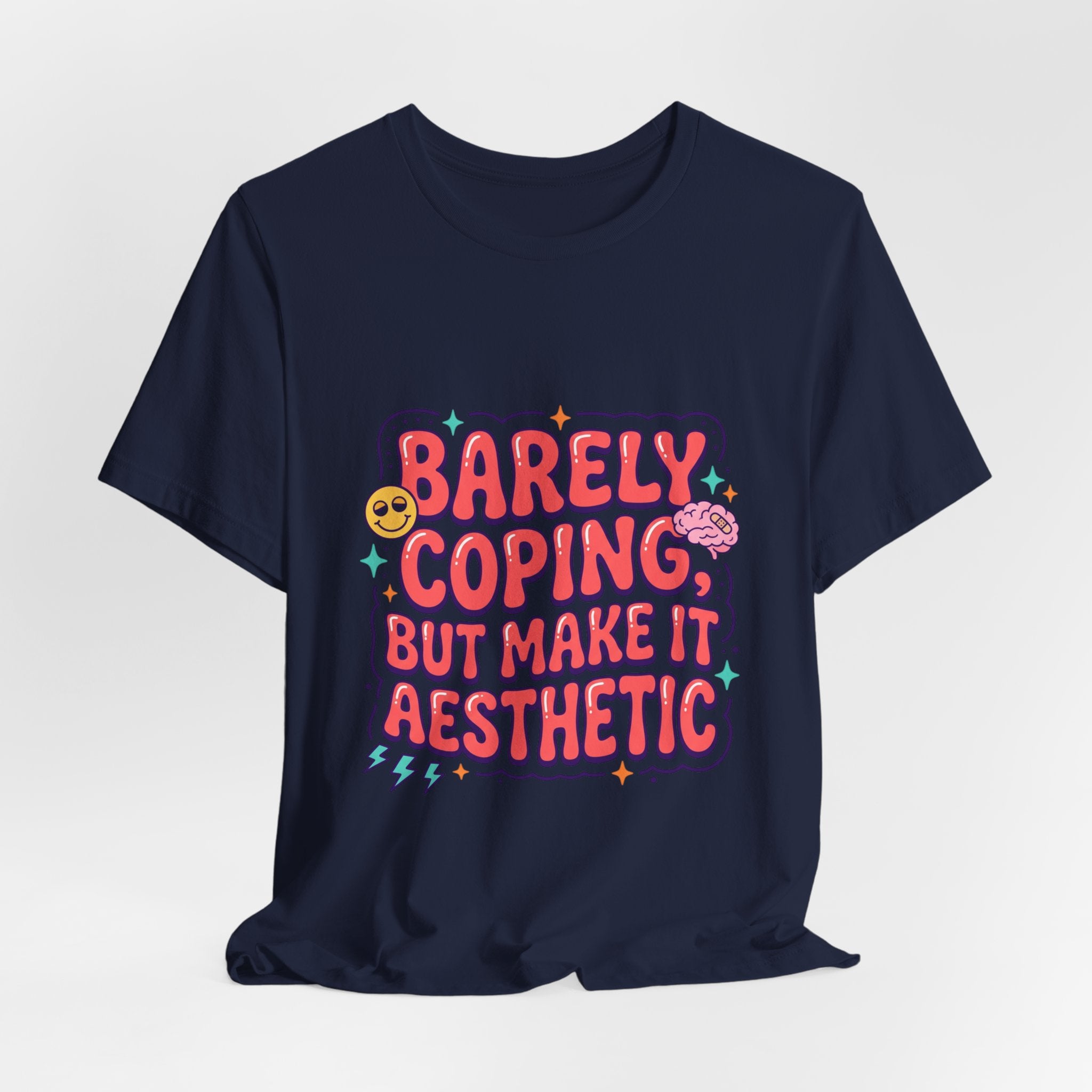 Barely Coping But Make It Aesthetic Tee | mental health humor, retro wavy text