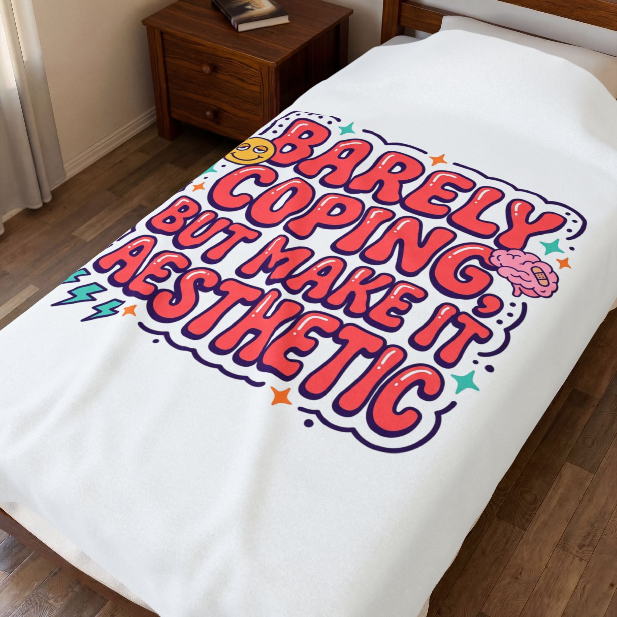 Barely Coping But Make It Aesthetic Velveteen Blanket | mental health humor, wellness sarcasm