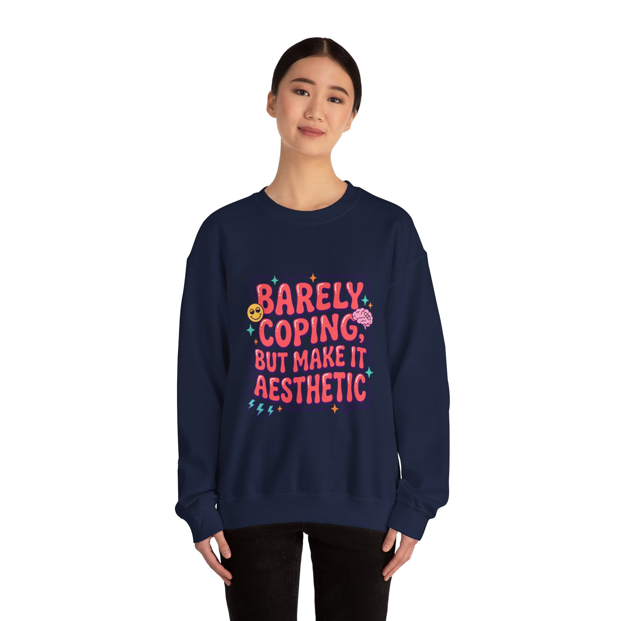 Barely Coping But Make It Aesthetic Sweatshirt | mental health humor, retro wavy text